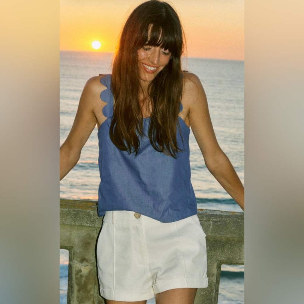 Zara Blue Tank Top with Scalloped Edges